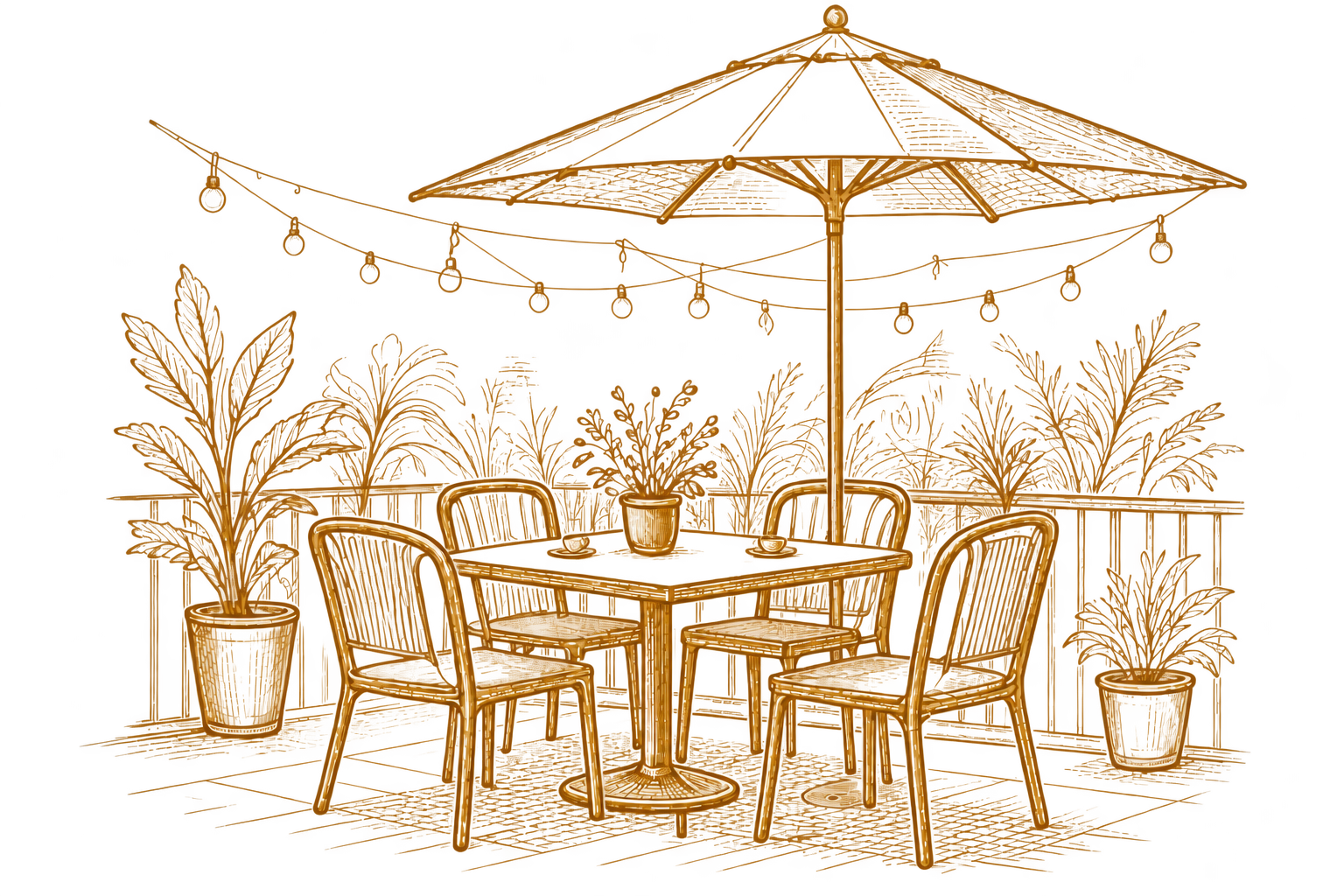 Golden line illustration of an outdoor restaurant terrace with an umbrella, dining table, four chairs and plants